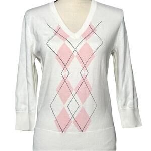 Sport Haley White Pink Argyle V-Neck Sweater Golf Women's Size Small NWT